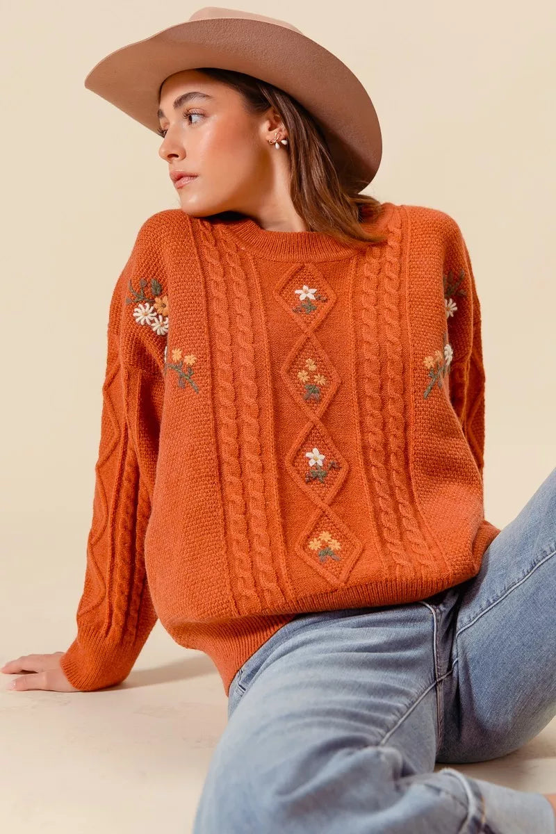 SO ME Embroidered Flower Cable Knitted Sweater