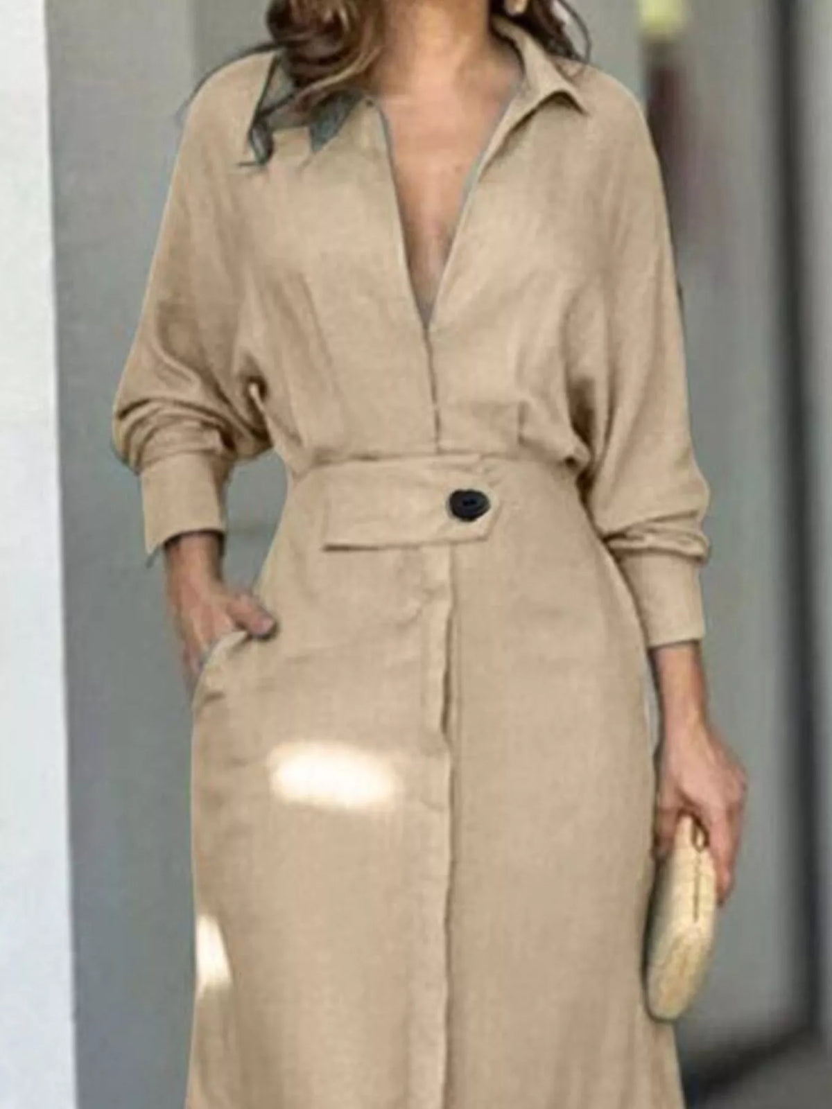 Side Slit Long Sleeve Shirt Dress