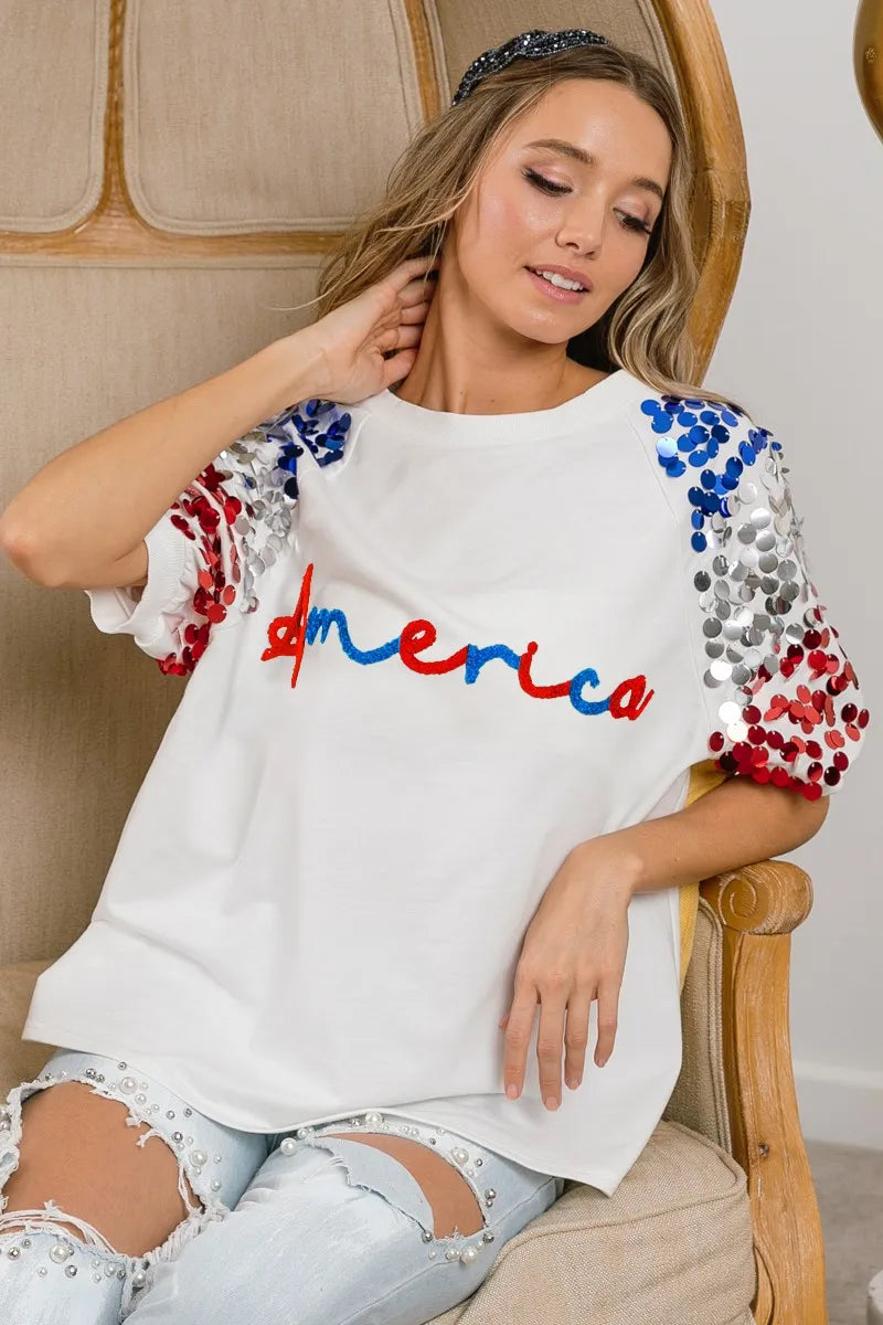 BiBi America Letter Applique Spangle Puff Sleeves Top