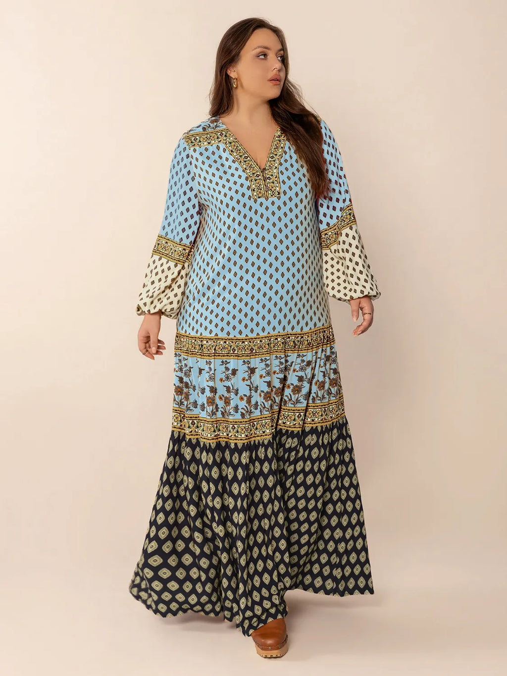 Plus Size Printed V-Neck Balloon Sleeve Maxi Dress
