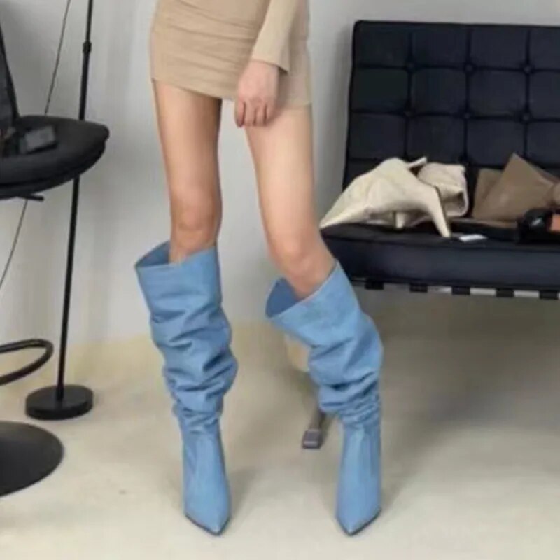 Foreign Trade Pointed Thin Heel Wide Sleeve Boots Large Sleeve Pleated Boots Push Boots Long Sleeve Large Size Women's Boots