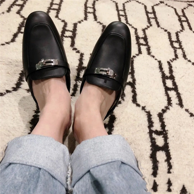 Cowhide Low Heel Round Head Metal Buckle Headband Back Air Cool Tug for Women