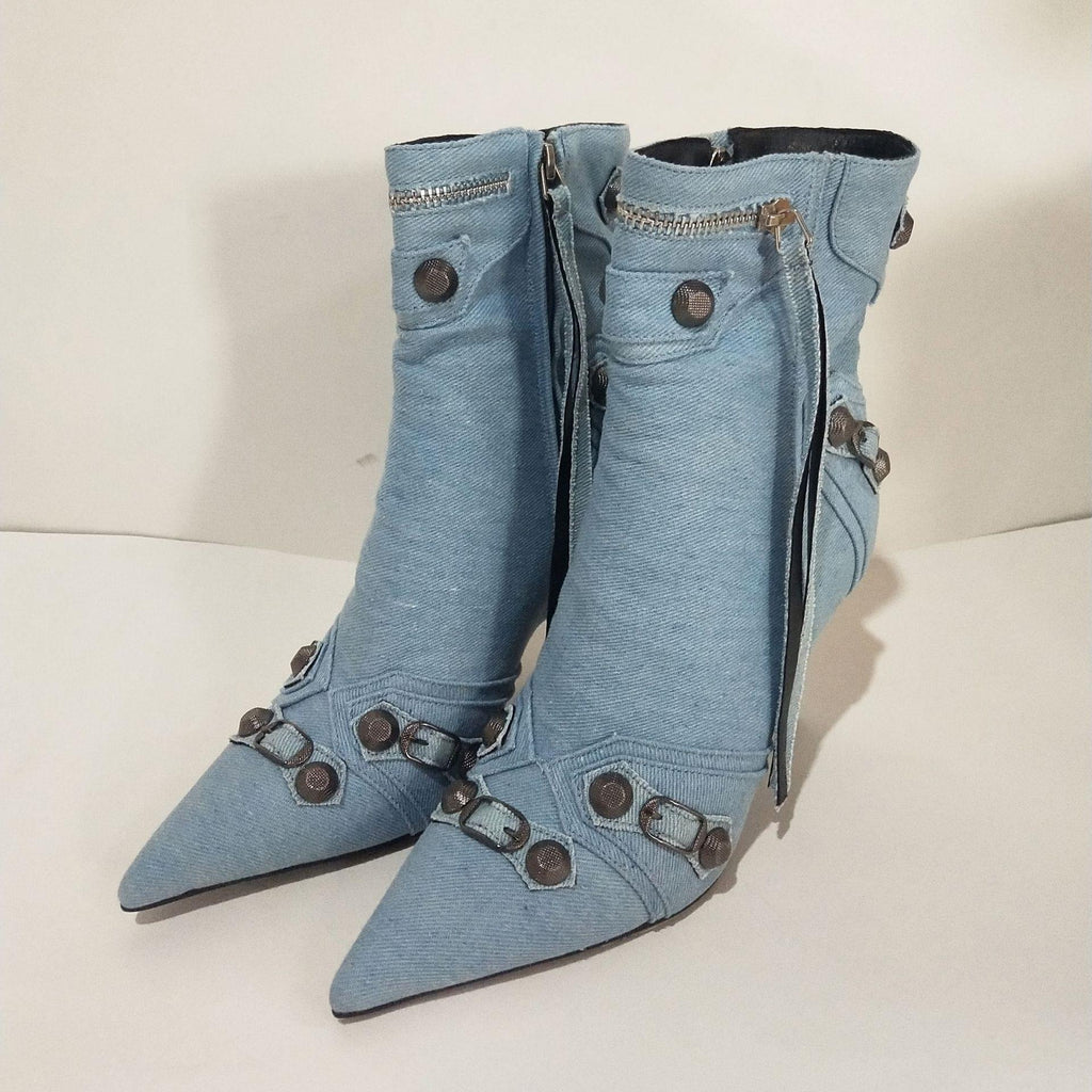 Metal Rivet Blue Denim Short Boots Silver Microfiber Leather Side Zipper Pin Buckle
