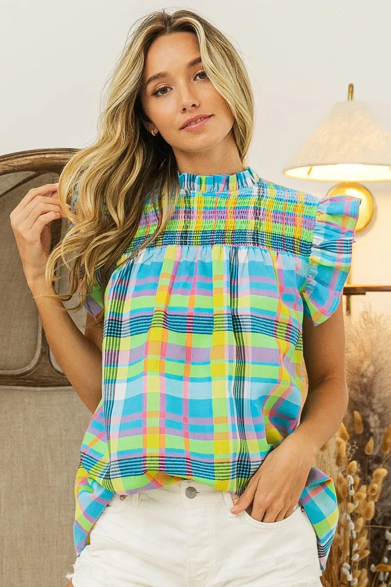 BiBi Multi Color Check Plaid Woven Top