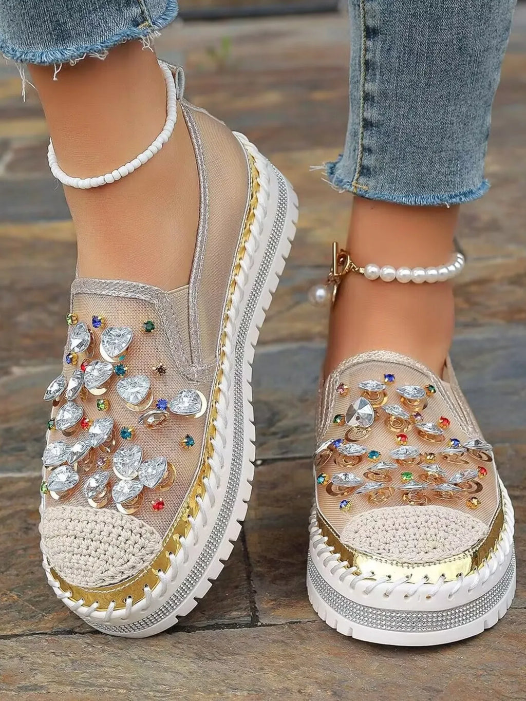 Rhinestone Round Toe Platform Loafers