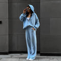 Solid color long sleeved cardigan cap top sports pants two-piece set
