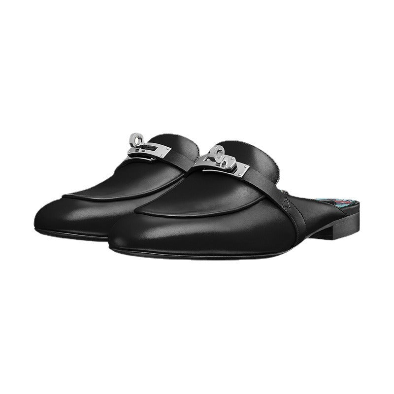Cowhide Low Heel Round Head Metal Buckle Headband Back Air Cool Tug for Women
