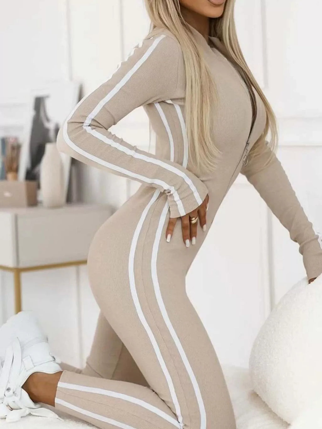 Full Size Stripe Zip-Front Long Sleeve Jumpsuit Plus Size