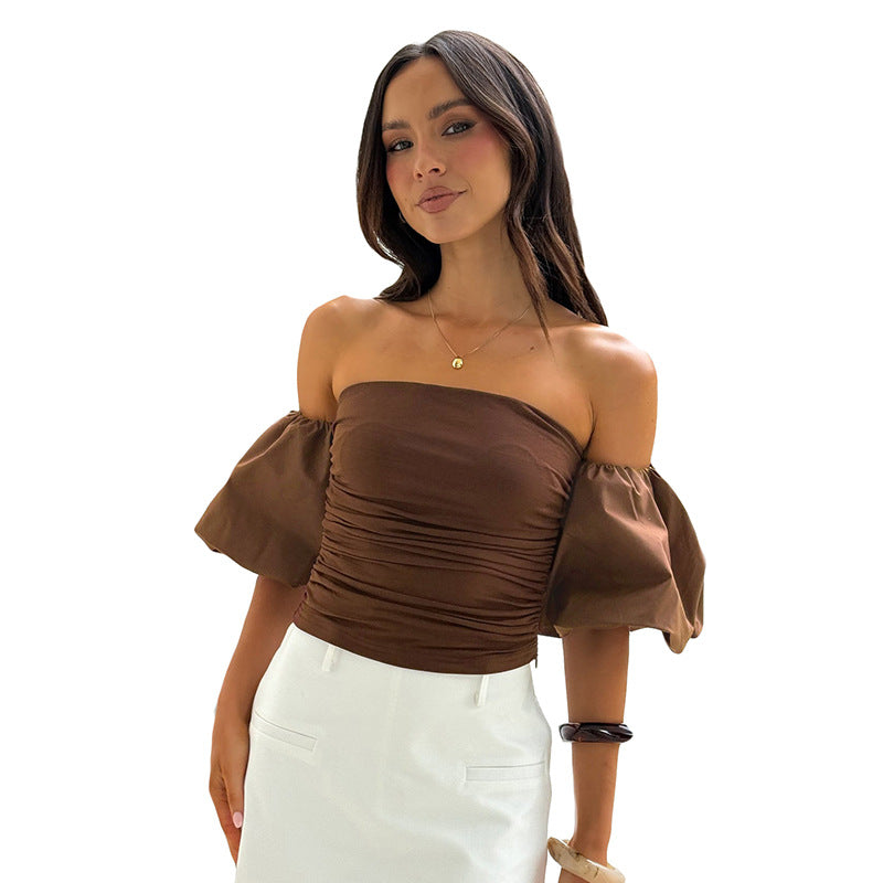 Cross-border Women's Summer New Pure Color Fitted Pleated Cap Sleeve Tube Top