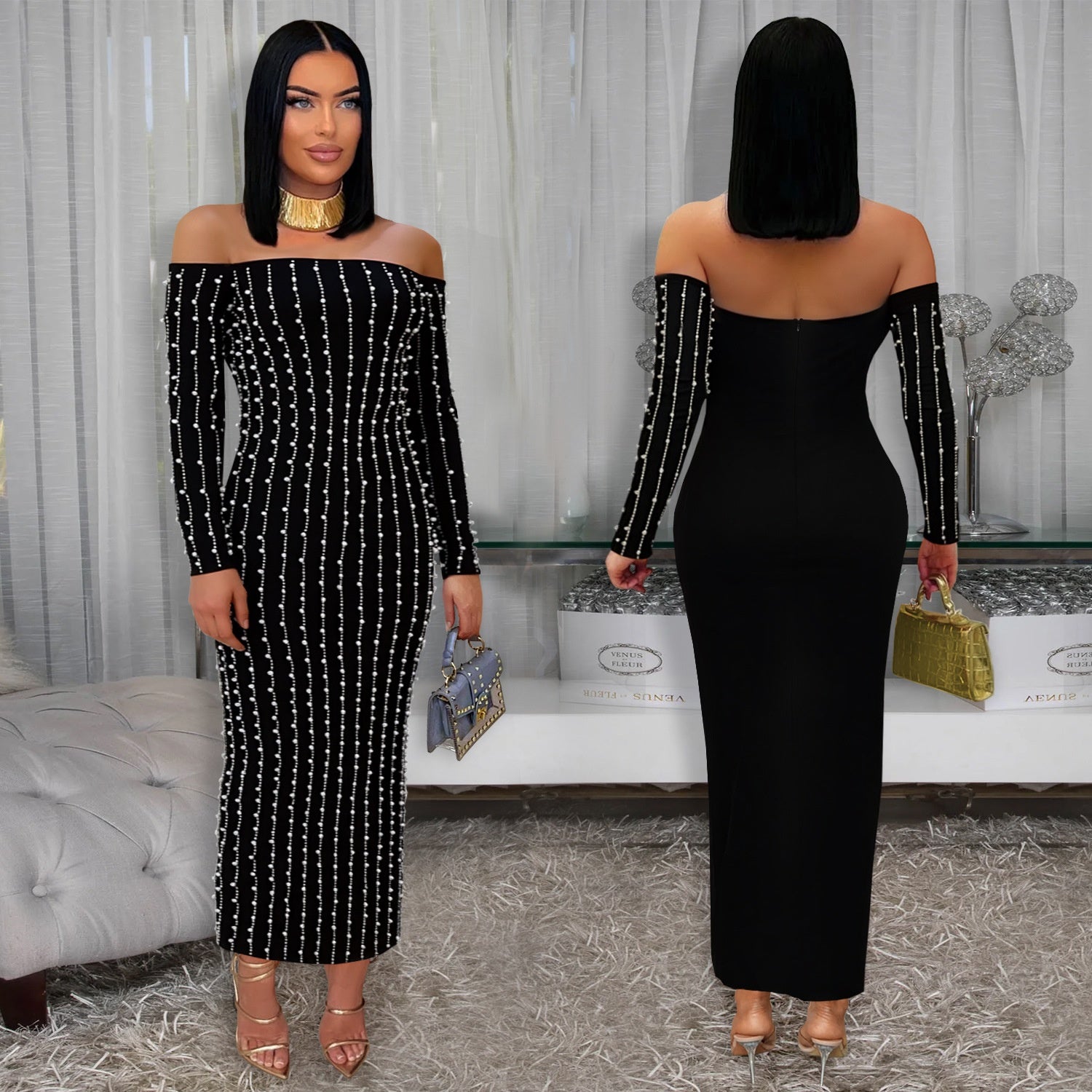 Elegant Long Sleeve Off-the-Shoulder Sequined Cap-Sleeve Dress