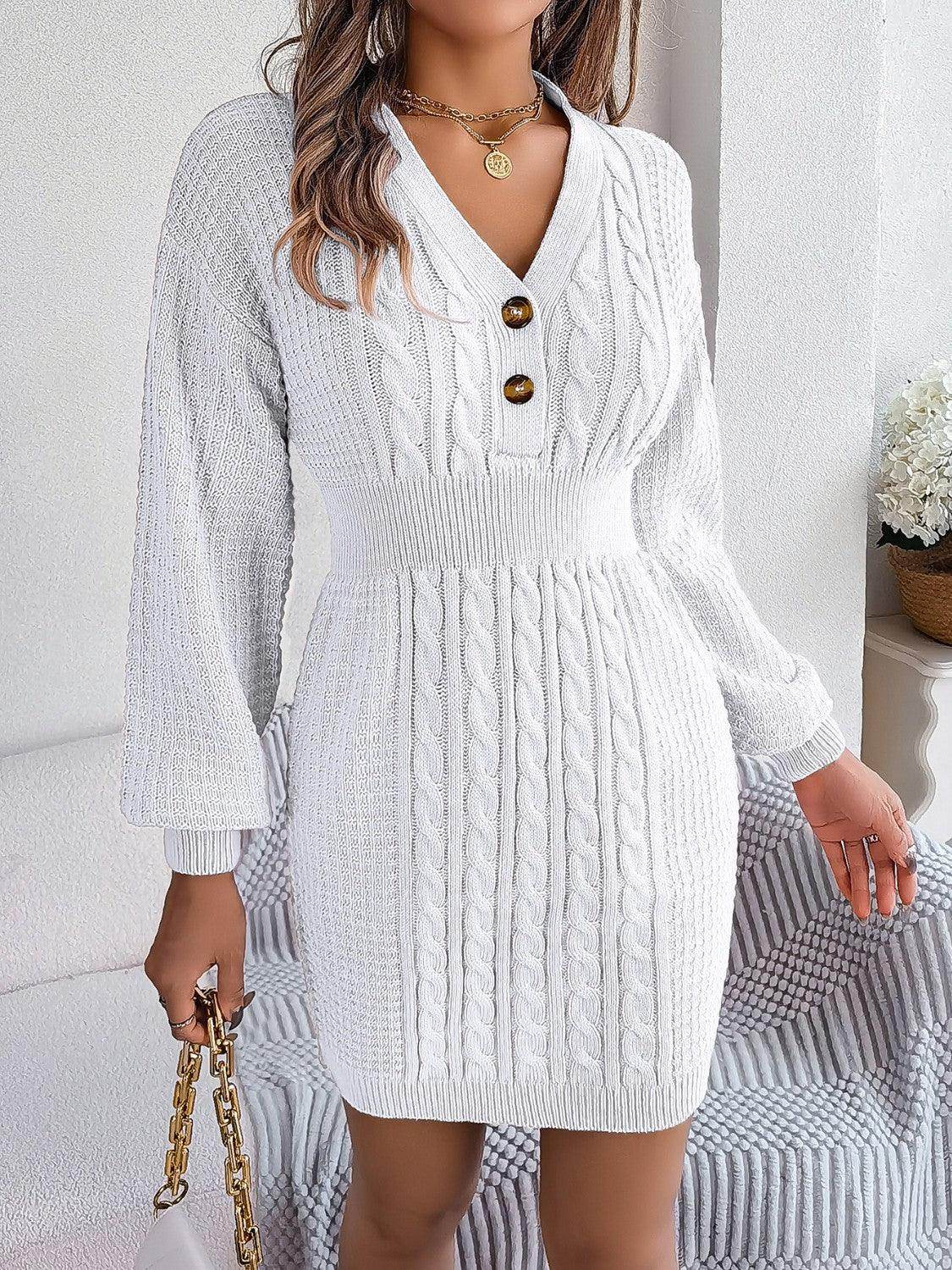 Buttoned Cable-Knit V-Neck Sweater Dress for Women