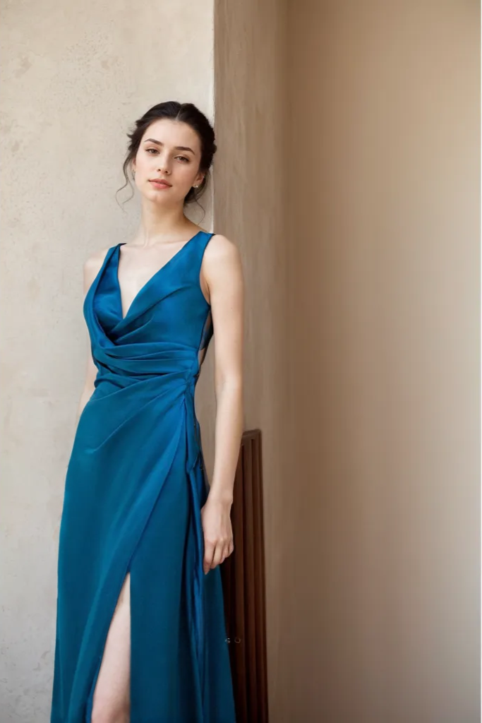 Ethereal Sapphire Blue Satin Backless Evening Gown with Thigh-High Slit