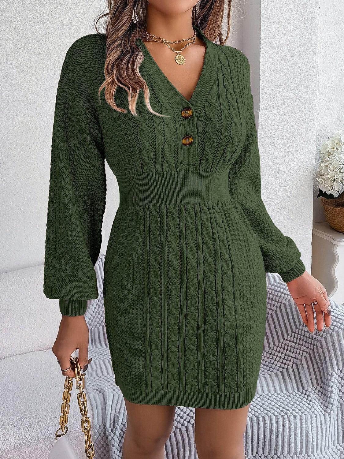Buttoned Cable-Knit V-Neck Sweater Dress for Women