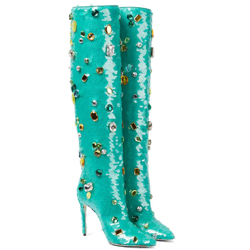 Gemstone Sequin Stiletto Knee-High Boots