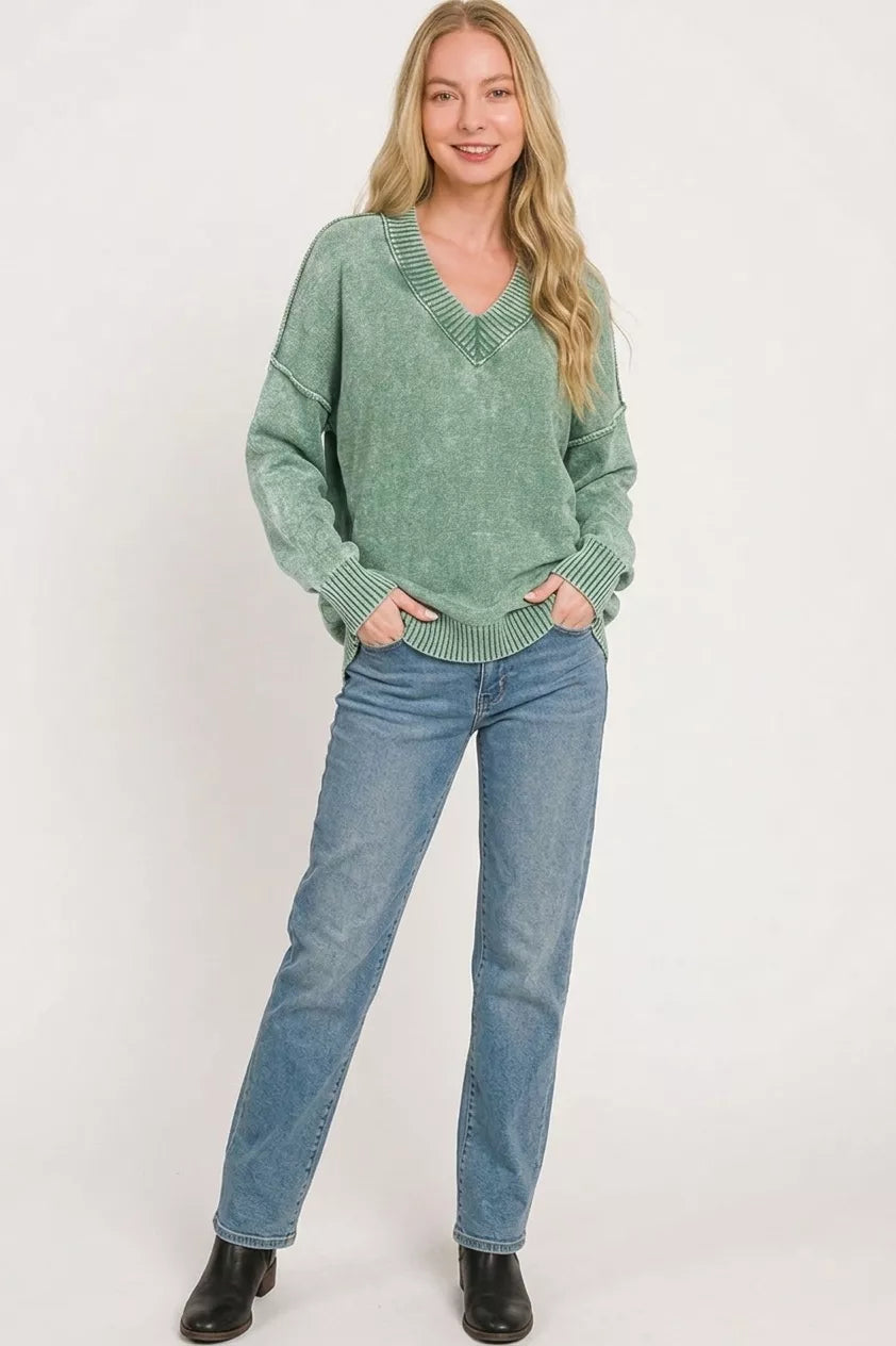 Zenana Washed Deep V-neck Oversized Sweater-2