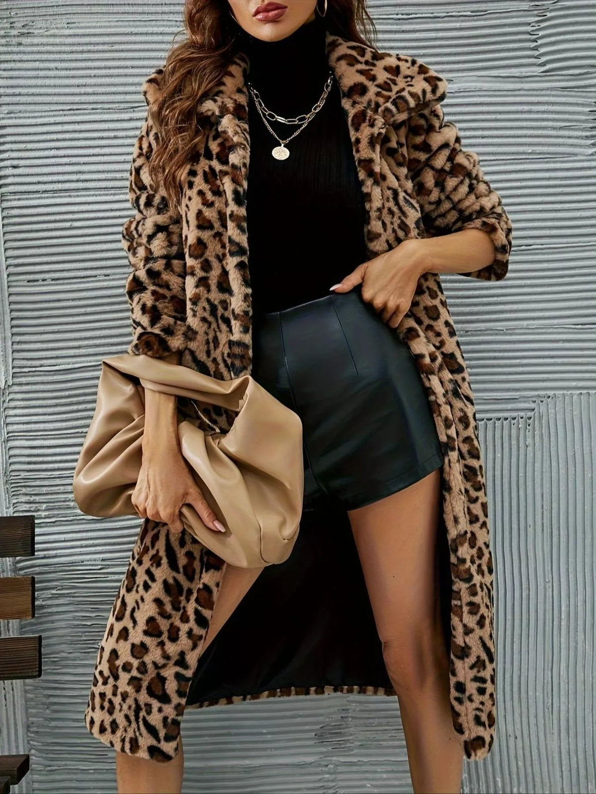 Leopard Print Faux Fur Longline Coat