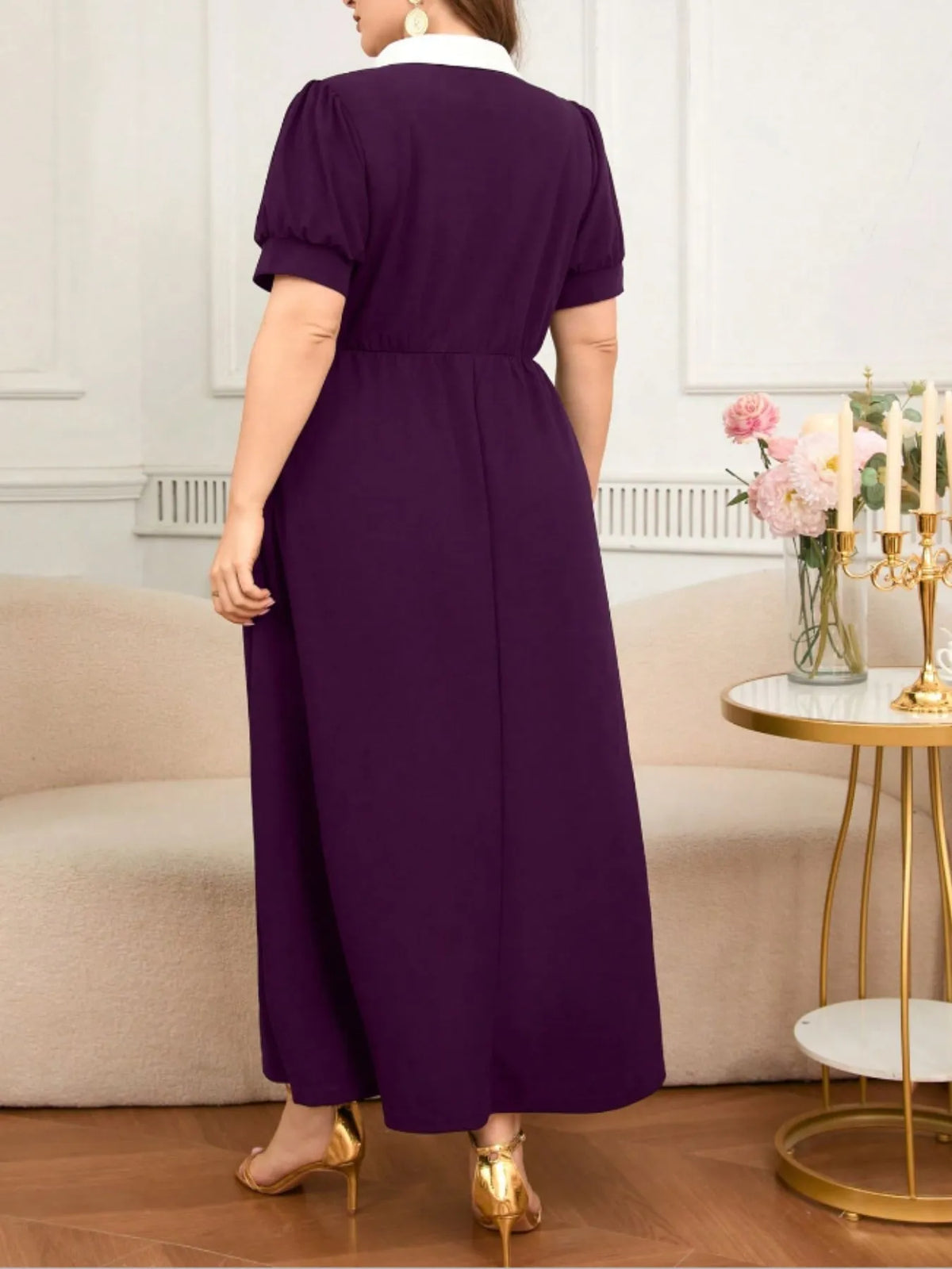 Plus Size Contrast Collar Short Sleeve Dress