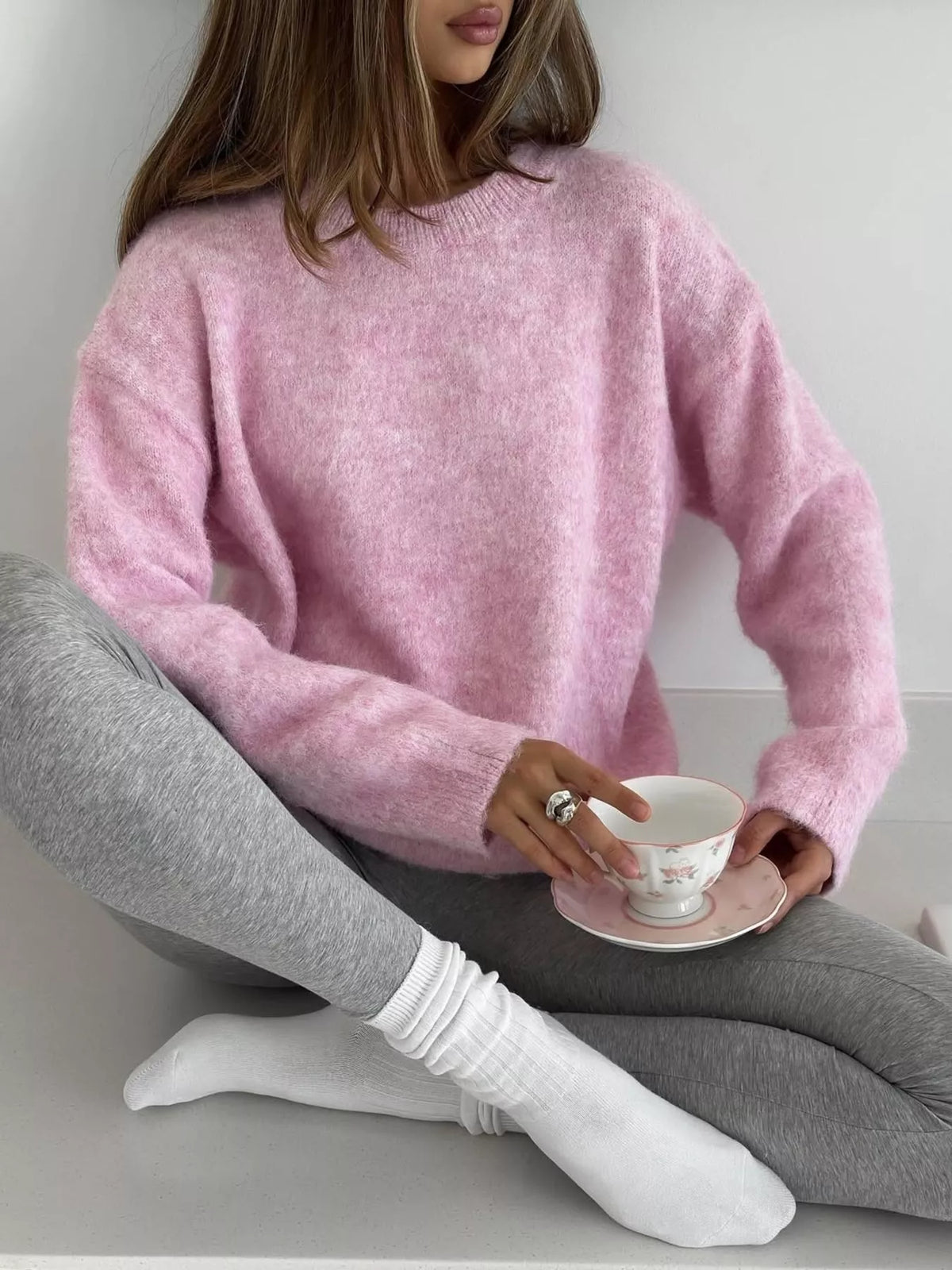 Round Neck Dropped Shoulder Sweater