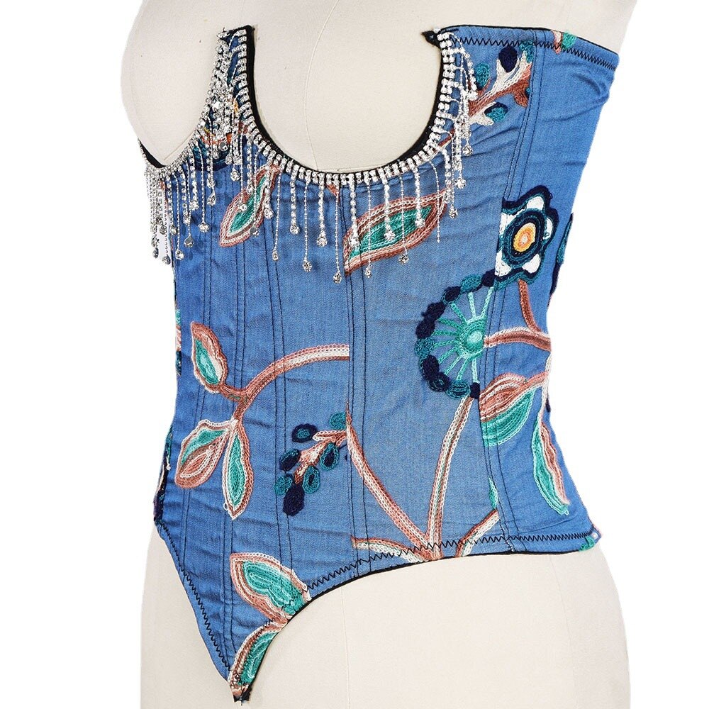 Atoshare Vintage Punk Rhinestone Corset Top Flowers Bandage Backless Diamond Chain for Women Rave Clothing