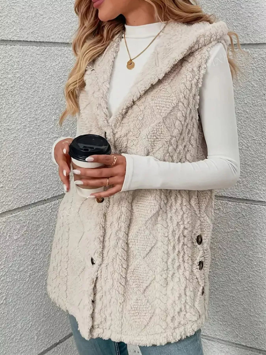 Button Up Plush Hooded Vest Coat