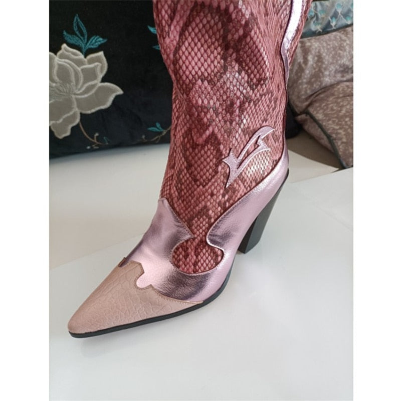 Women's Over-the-Knee Pink Snake Skin Boots