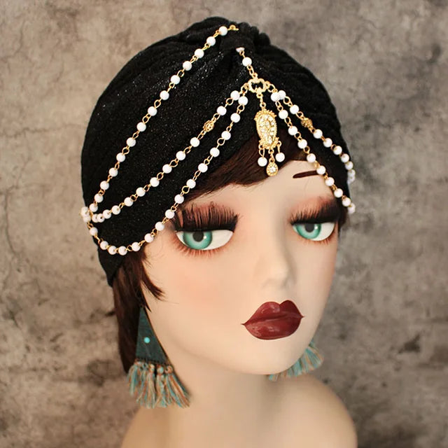 Fashion Exotic Muslim Turban Women Boho Pearl Chain Head Scarf Bonnet Hijab Cap Solid/Leopard Arab Dance Party Wrap Turbantes