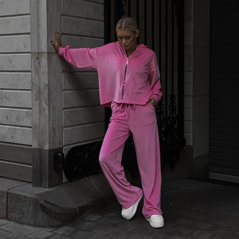 Solid color long sleeved cardigan cap top sports pants two-piece set
