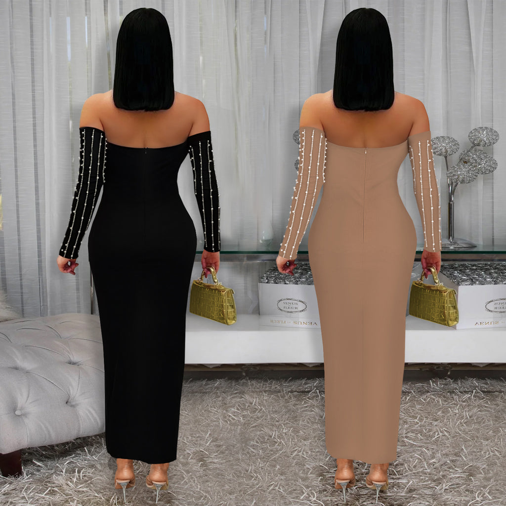 Elegant Long Sleeve Off-the-Shoulder Sequined Cap-Sleeve Dress