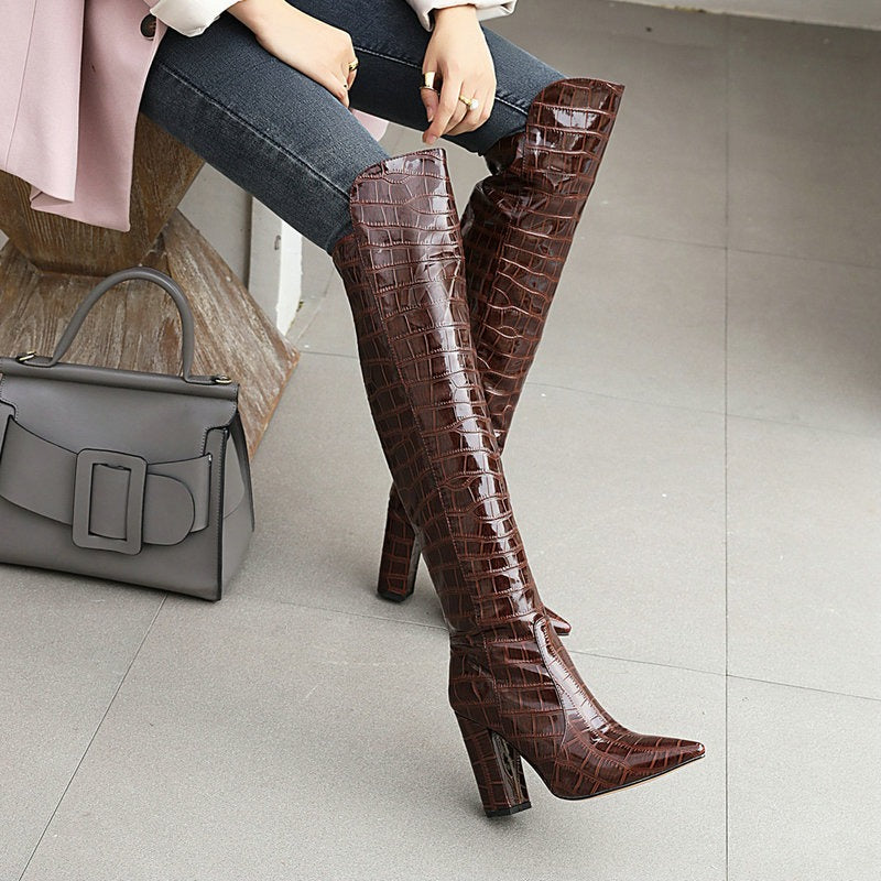 fashion pointed toe sexy high heels shoes woman ladies boots red snake print microfiber knee high boots