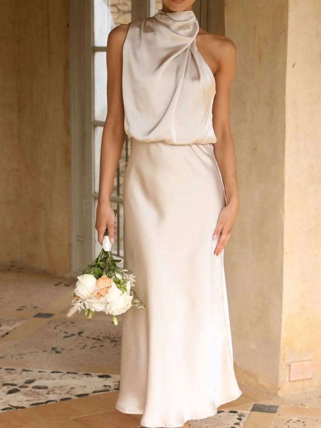 Asymmetrical Ruched Sleeveless Midi Dress