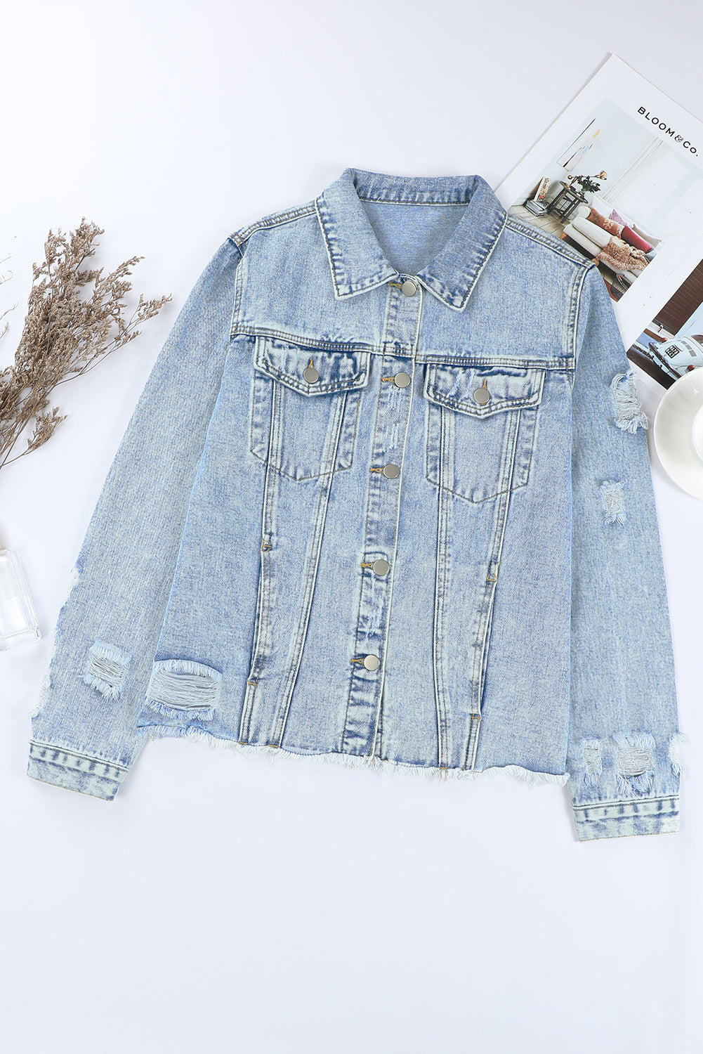 Denim Lapel Distressed Raw Hem Buttoned Jacket-4