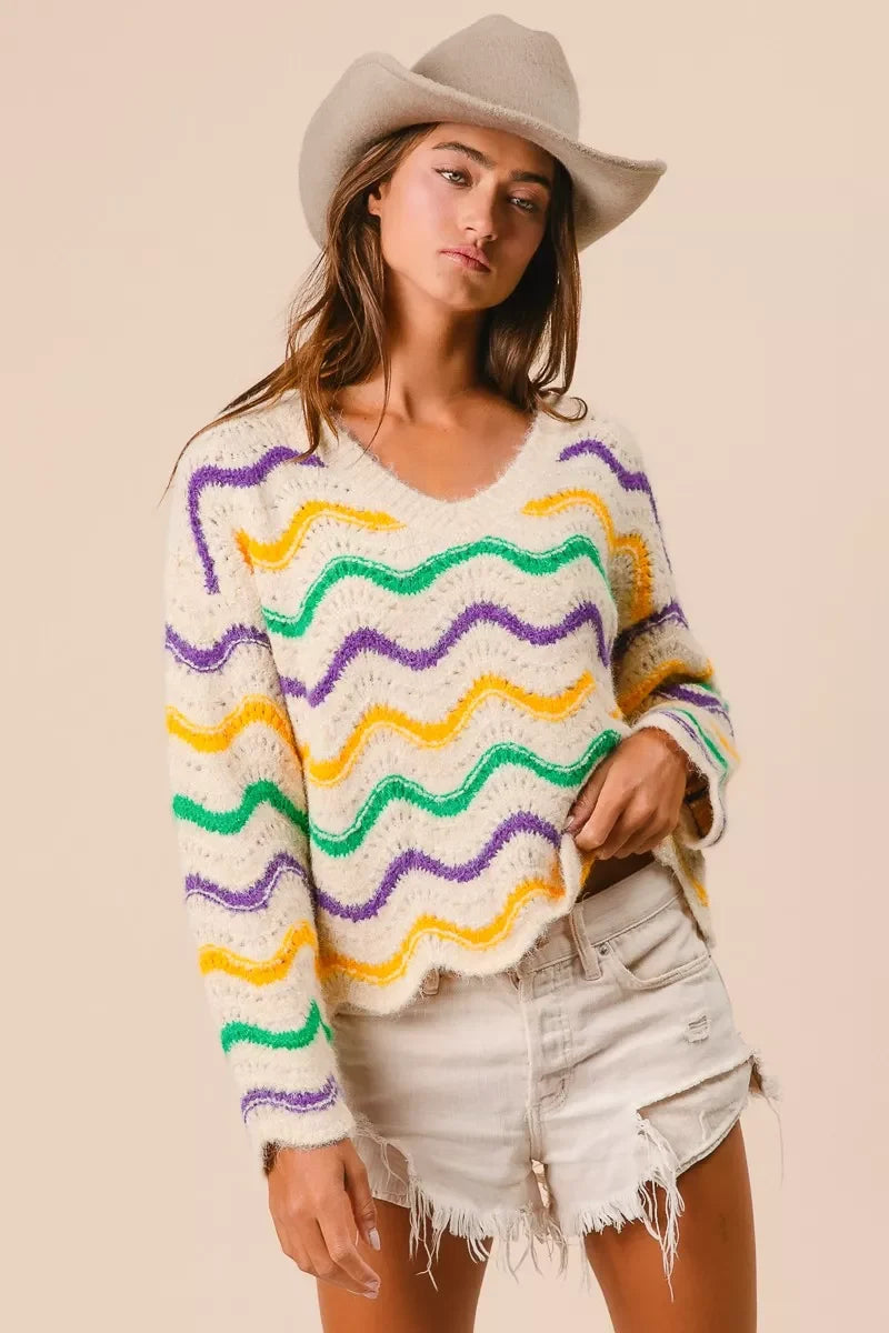 BiBi Mardi Gras Wavy Stripes V-Neck Sweater
