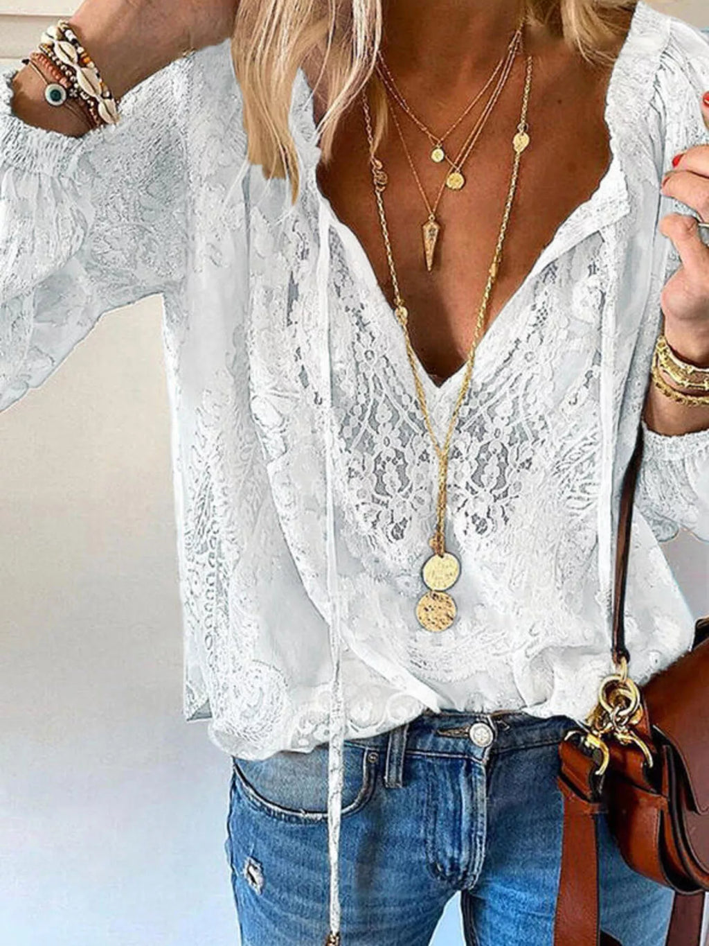 Lace Tie-Neck Blouse