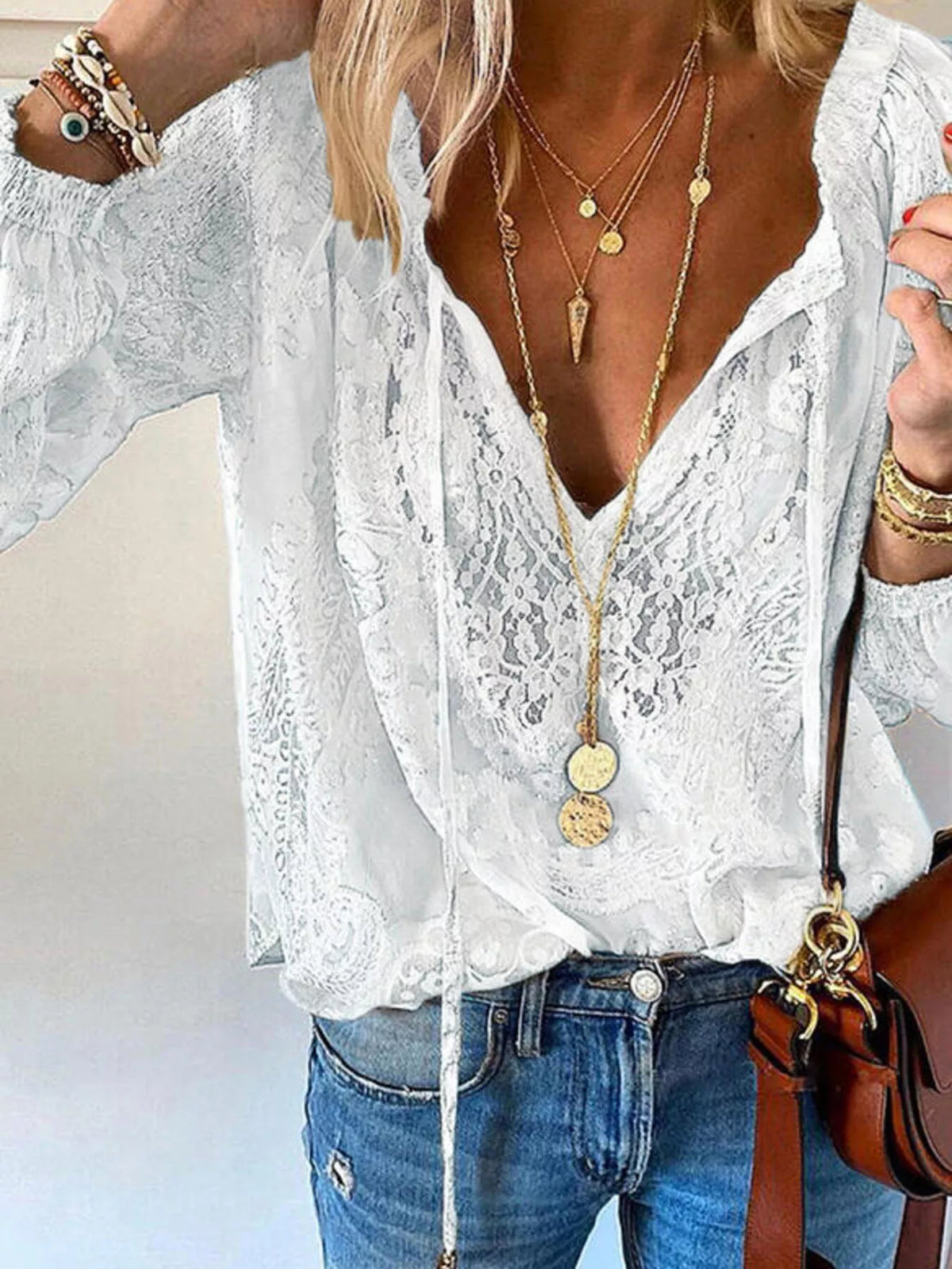 Lace Tie-Neck Blouse