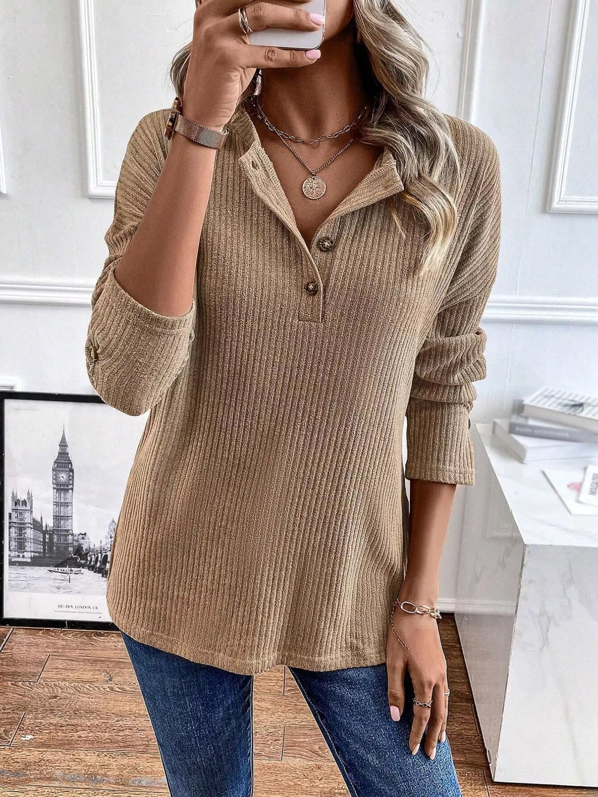 Ribbed Knit Button Detail Long Sleeve T-Shirt