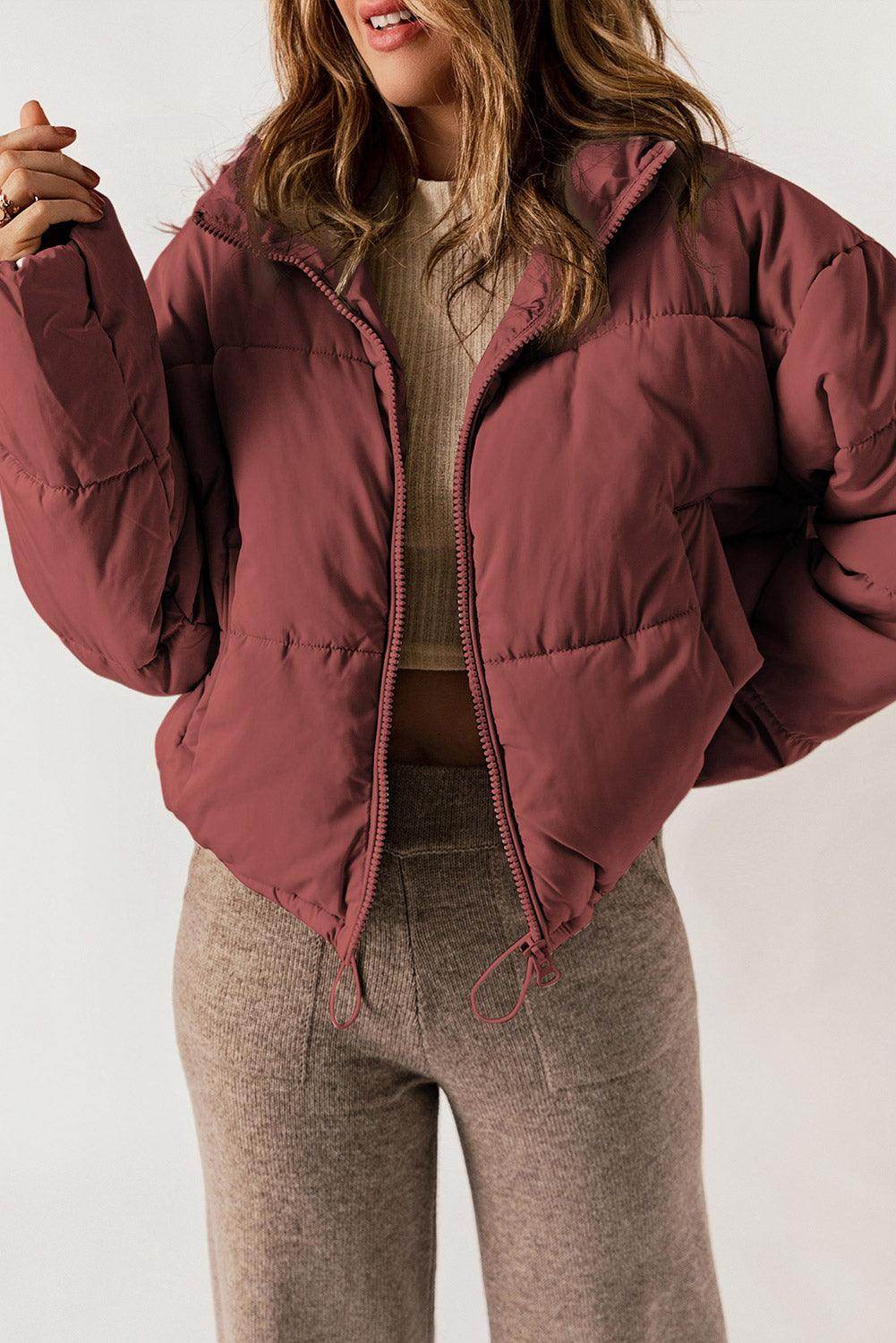Zip Up Collared Neck Long Sleeve Winter Coat for Women