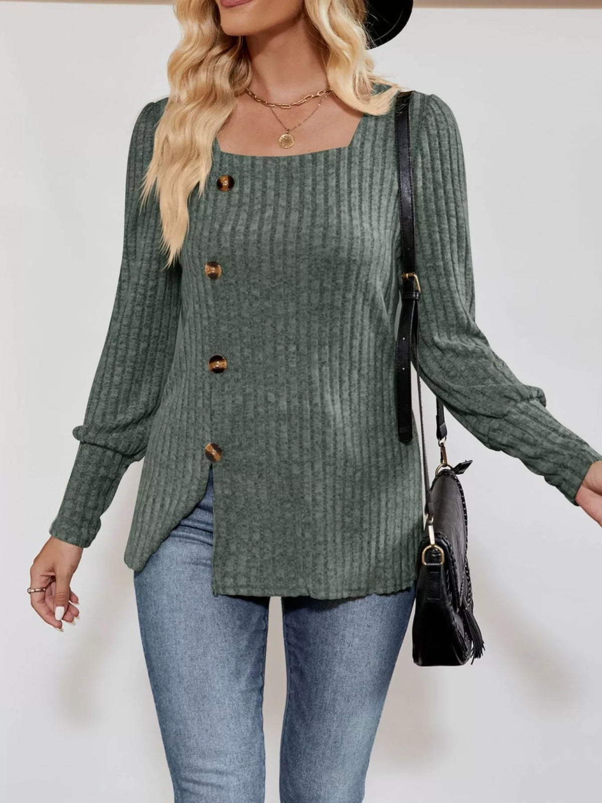 Ribbed Knit Slit Long Sleeve T-Shirt