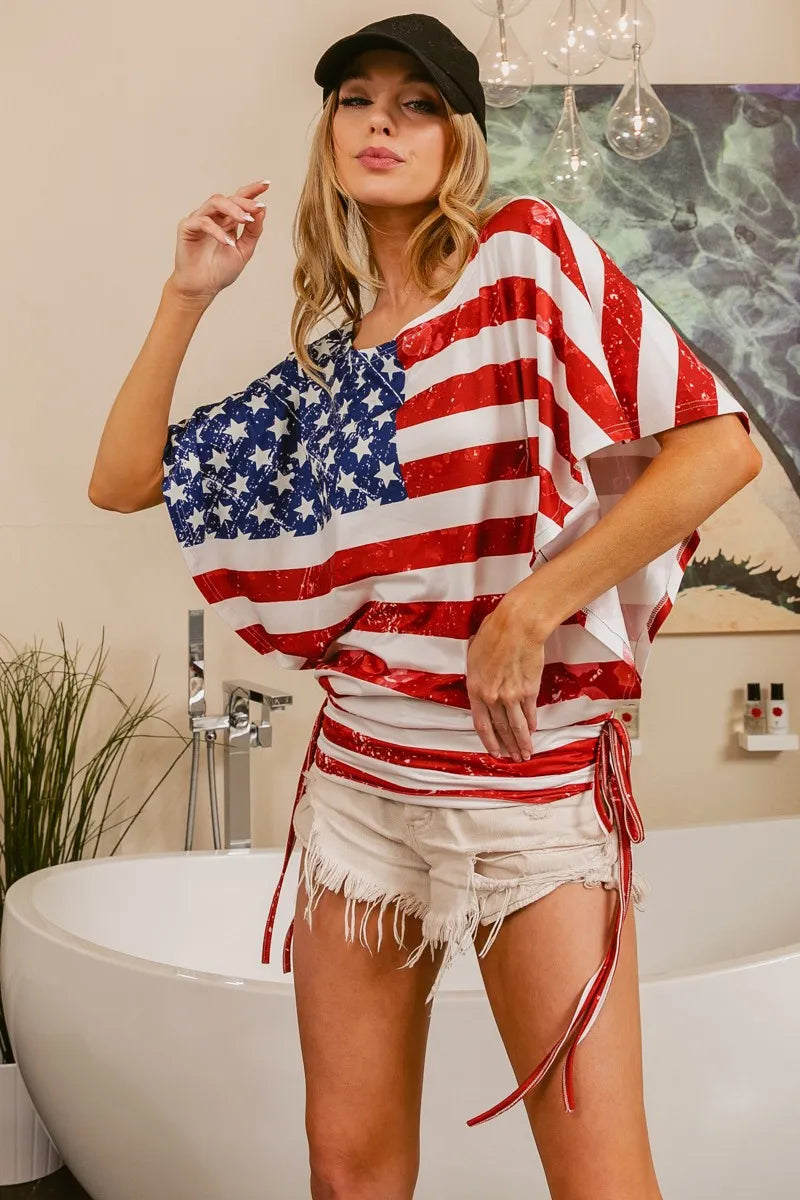 BiBi American Flag Printed Side Ruched Details Knit Top