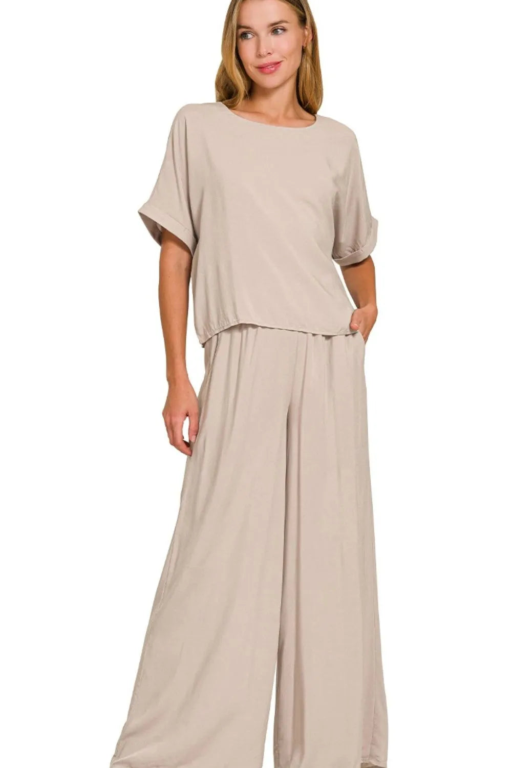 Zenana Round Neck T-Shirt and Wide Leg Pants Set