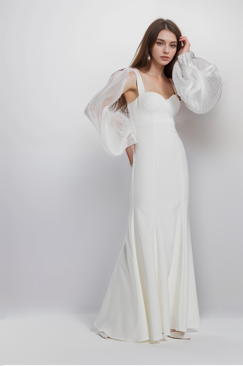 Ethereal Sculpted Bust Mermaid Gown with Sheer Balloon Sleeves