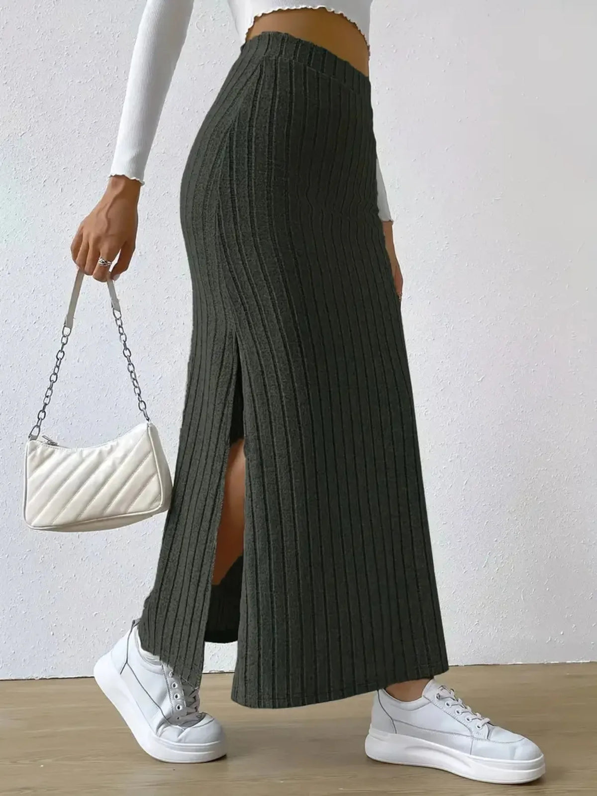 High Waist Ribbed Knit Maxi Skirt