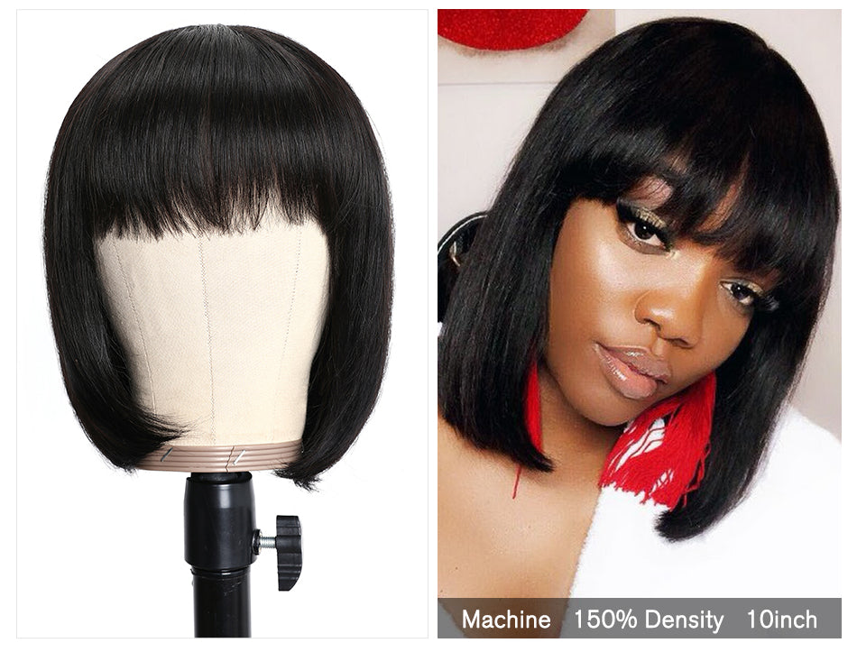 Junoda Hair Straight Short Bob Wig With Bangs Brazilian Remy Human Hair