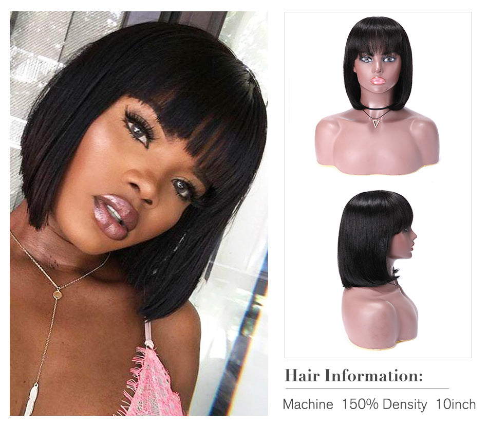 Junoda Hair Straight Short Bob Wig With Bangs Brazilian Remy Human Hair