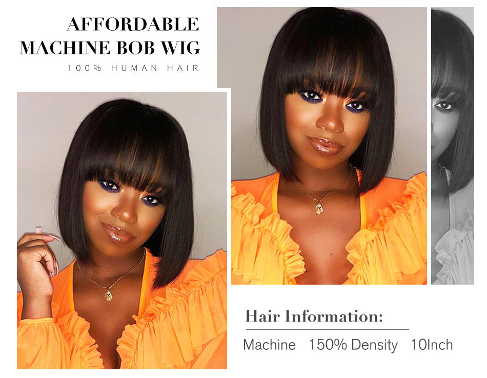 Junoda Hair Straight Short Bob Wig With Bangs Brazilian Remy Human Hair