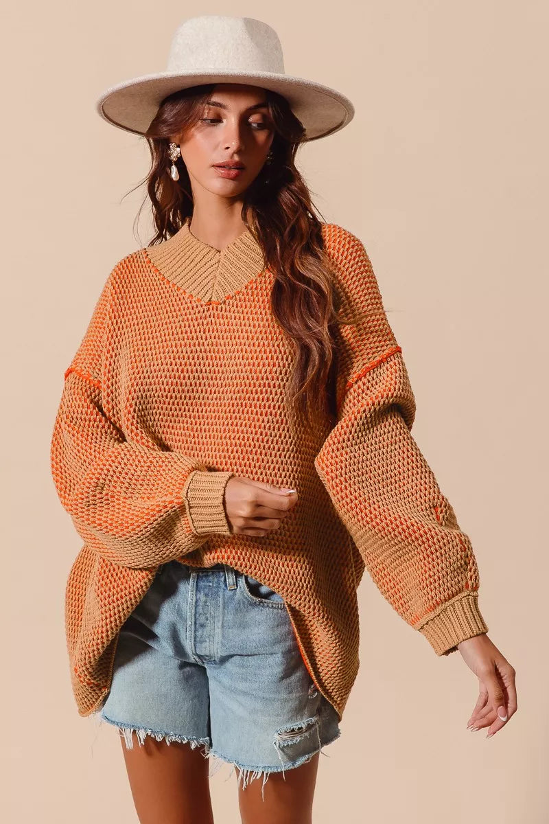 SO ME Oversized Two Tone Textured V Neck Sweater