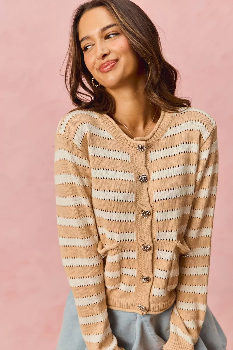 SO ME Stripe Long Sleeves Button Sweater Cardigan