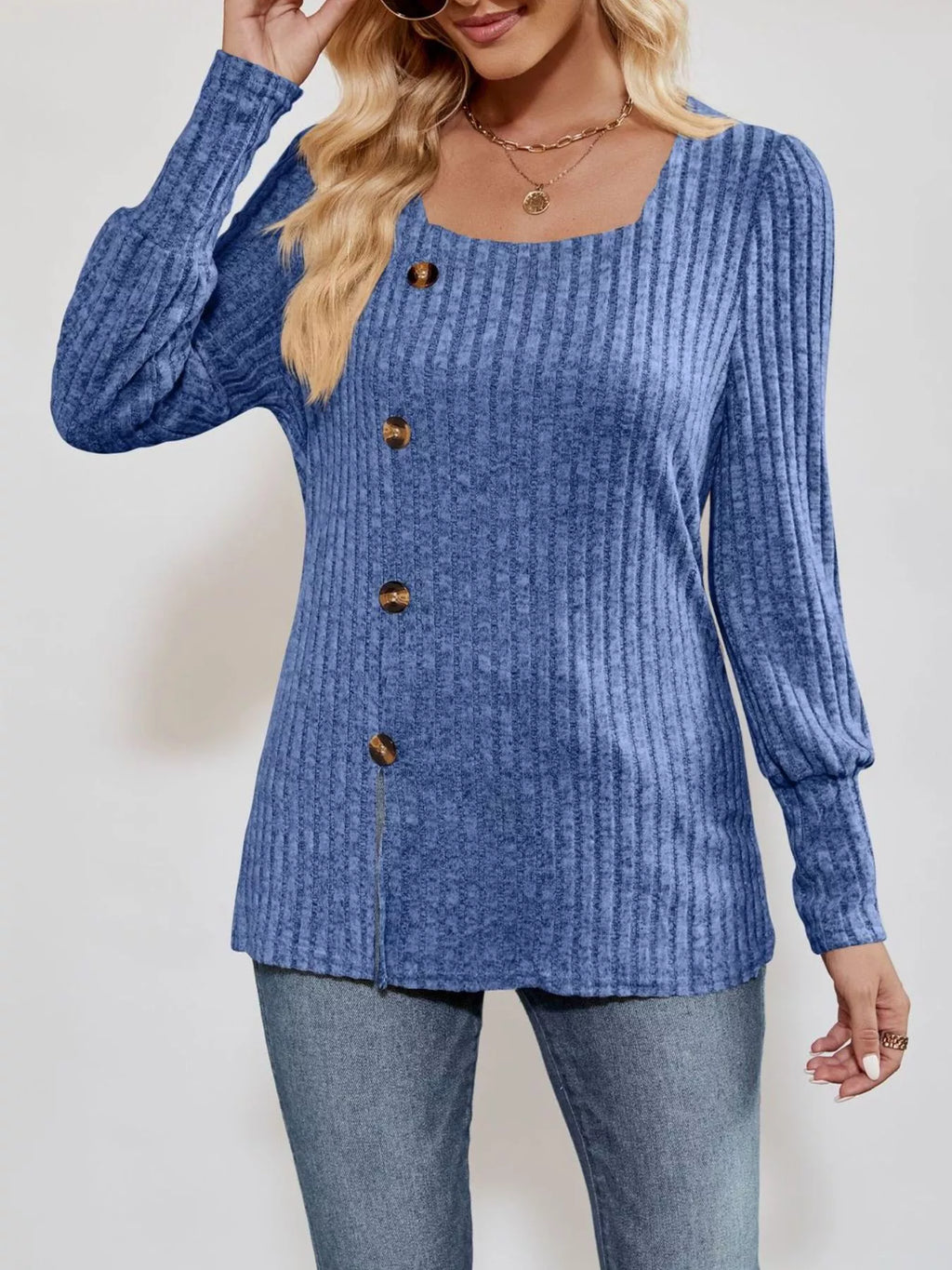 Ribbed Knit Slit Long Sleeve T-Shirt