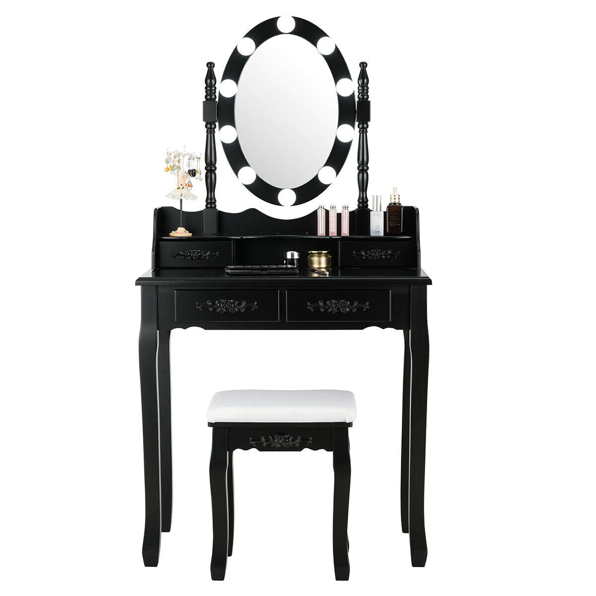 Makeup Dressing Table with Touch Switch Lighted Mirror and Cushioned Stool
