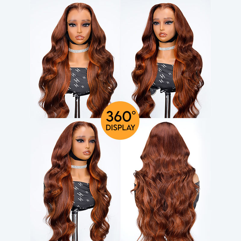 Lagos Hairline Body Wave Dark Burnt Orange Highlight Wig Human Hair Glueless 13x4 Lace Front Wig