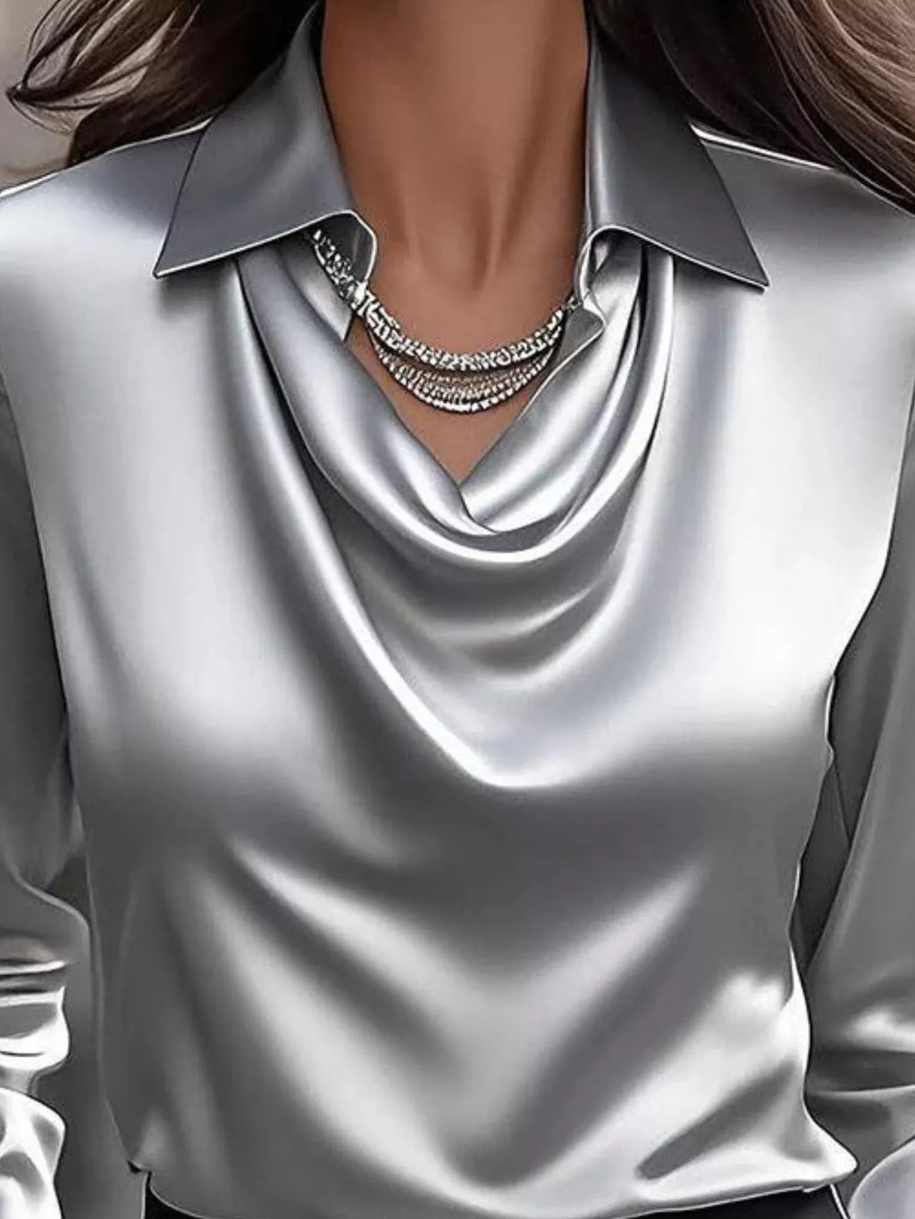 Ruched Long Sleeve Drape Collar Blouse